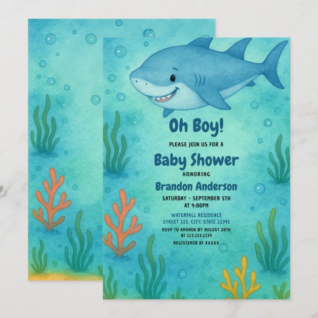 Niedlich Blue Ocean Shark Boy Baby Dusche Einladung (Vorne/Hinten)