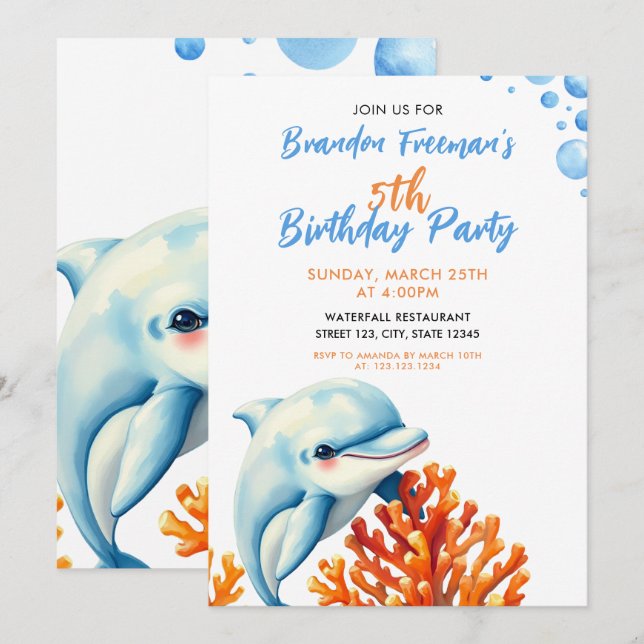 Niedlich Blue & Orange Coral Dolphin Kindergeburts Einladung (Vorne/Hinten)