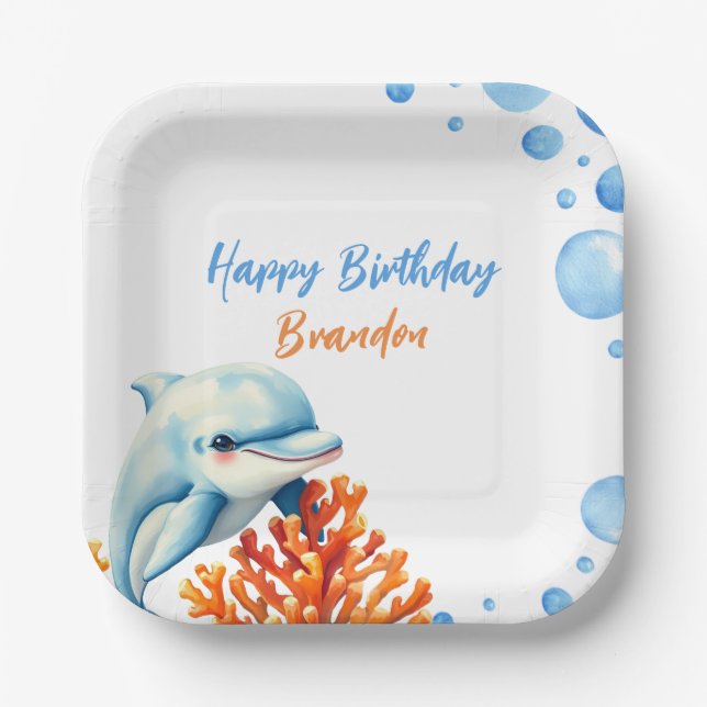 Niedlich Blue & Orange Coral Dolphin Kindergeburts Pappteller (Vorderseite)