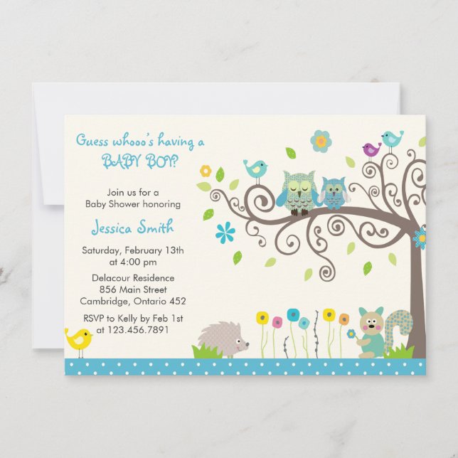 Niedlich Blue Owl Boy Baby Shower Einladungen (Vorderseite)