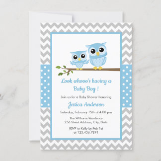 Niedlich Blue Owl Grau Zickzack Boy Baby Dusche Einladung