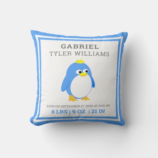 Niedlich Blue Penguin Baby Boy Birth Stats Kissen (Vorderseite)