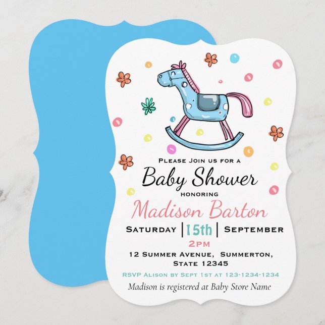 Niedlich Blue & Pink Rocking Horse Baby Dusche Einladung (Vorne/Hinten)
