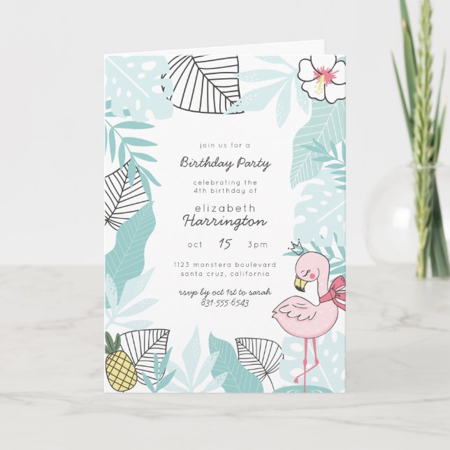 Niedlich Blue & Pink Tropical Summer Birthday Part Einladung (Vorderseite)