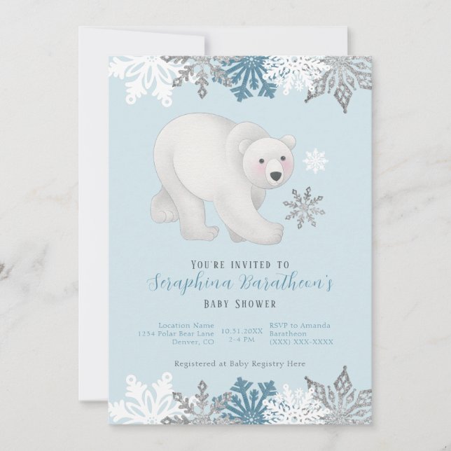 Niedlich Blue Polar Bear Baby Dusche Einladung (Vorderseite)