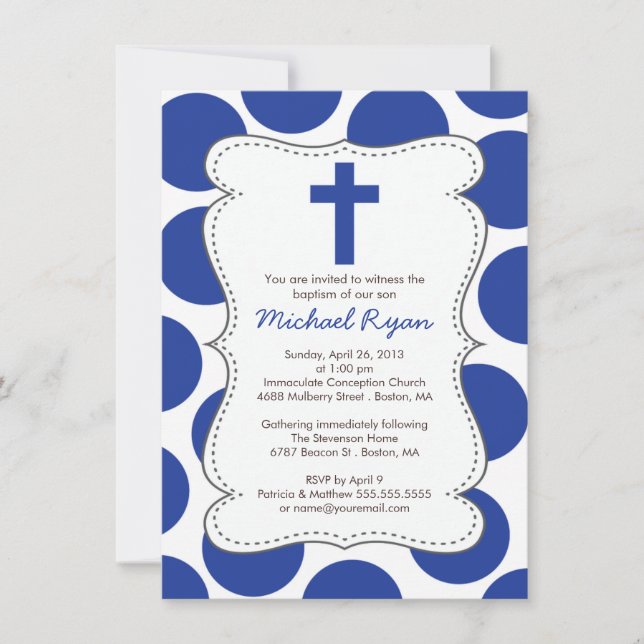Niedlich Blue Polka Dots Cross Taufe Einladung (Vorderseite)