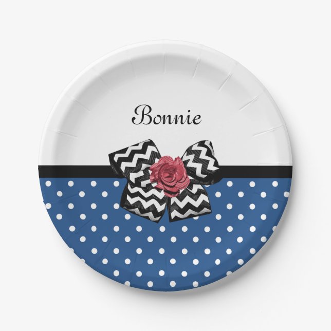 Niedlich Blue Polka Dots Rote Rose Zickzack Bow un Pappteller (Vorderseite)