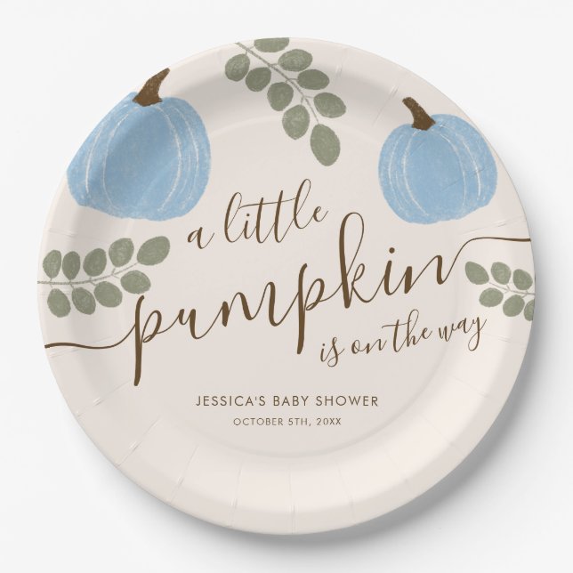 Niedlich Blue Pumpkin Eucalyptus Fall Boy Baby Dus Pappteller (Vorderseite)