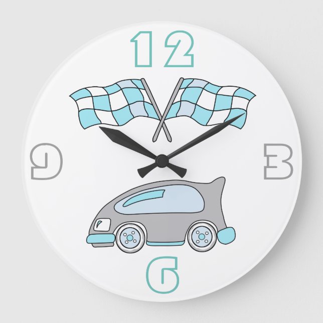 Niedlich Blue Race Car und Race Flags Boy Große Wanduhr (Vorderseite)