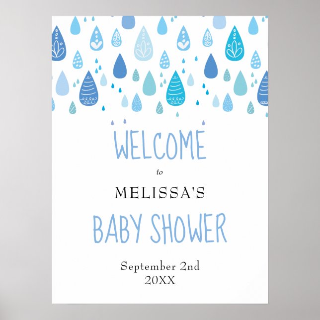 Niedlich Blue Raindrops Baby Dusche Begrüßungszeic Poster (Vorne)