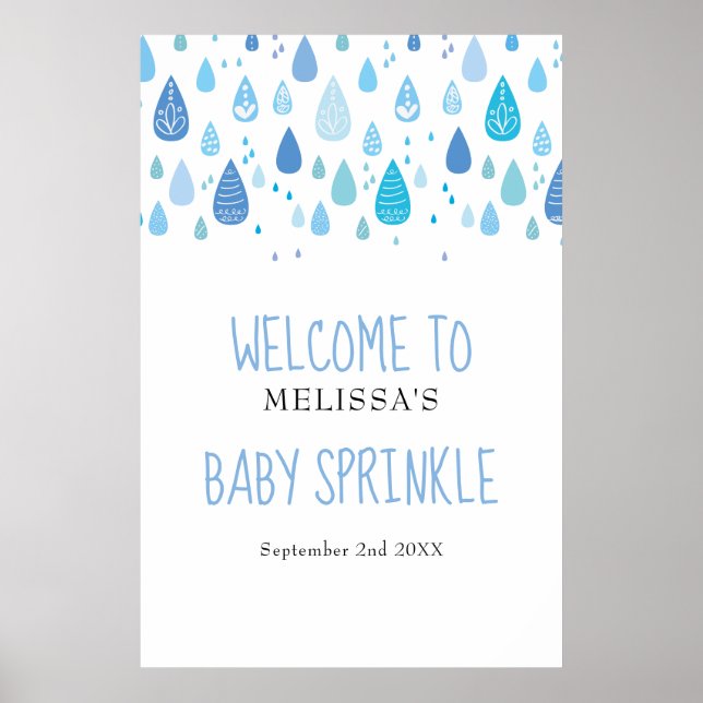 Niedlich Blue Raindrops Baby Sprinkle / Dusche Wil Poster (Vorne)