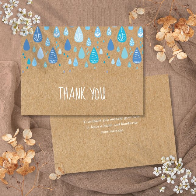 Niedlich Blue Raindrops Boho Rustic Kraft Stilvoll Dankeskarte (Cute Blue Raindrops Boho Rustic Kraft Stylish Thank You Card)