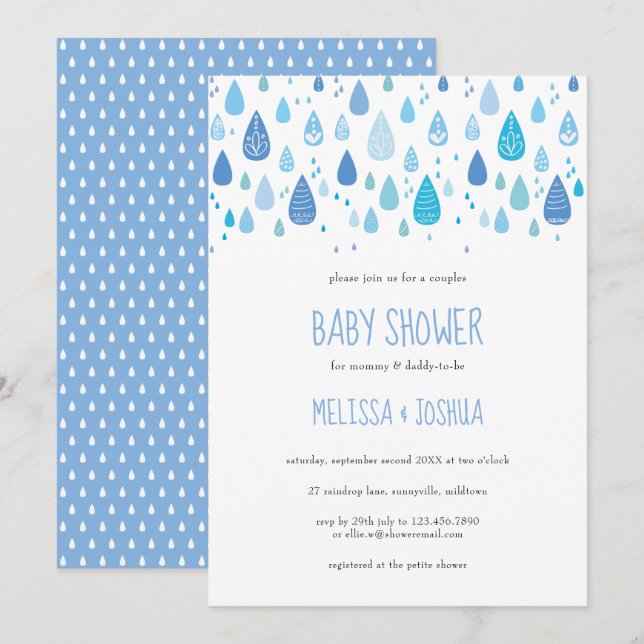 Niedlich Blue Raindrops Paare Babydusche Einladung (Vorne/Hinten)