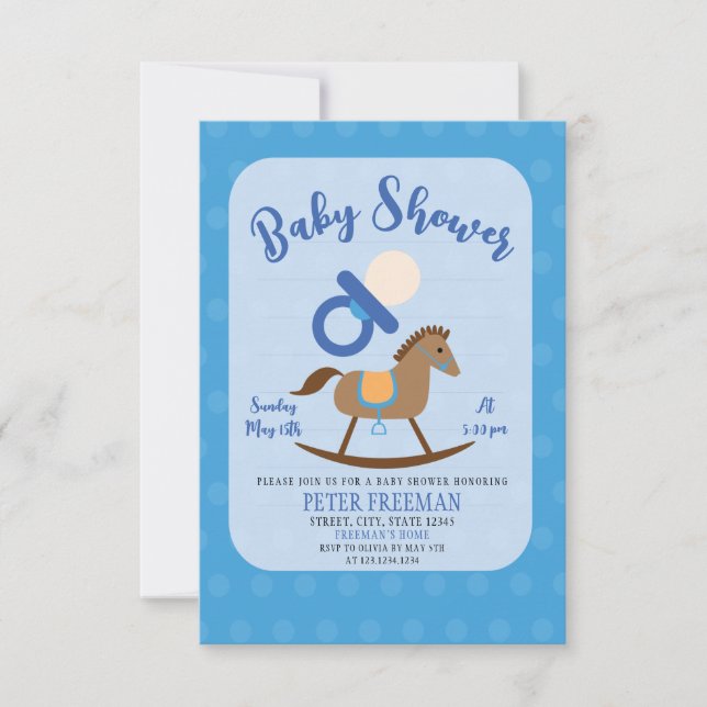 Niedlich Blue Rocking Horse Schnuller Boy Baby Sho Einladung (Vorderseite)