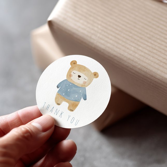 Niedlich Blue Sleeping Teddy Bär Vielen Dank Runder Aufkleber (Sleepy boy bear blue thank you sticker)