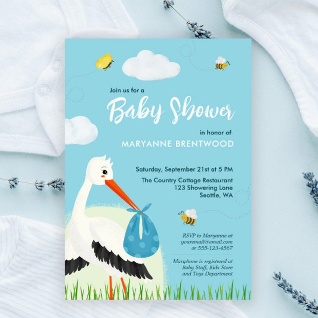 Niedlich Blue Stork Baby Dusche Einladung (Sky blue baby shower or baby sprinkle custom invitation template with stork, bees and butterflies)