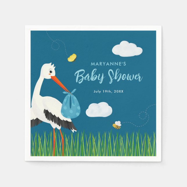 Niedlich Blue Stork Baby Dusche kundenspezifisch Serviette (Vorderseite)
