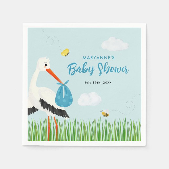 Niedlich Blue Stork Baby Dusche kundenspezifisch Serviette (Vorderseite)