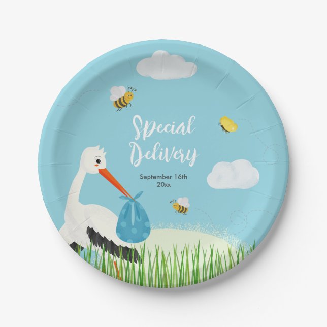 Niedlich Blue Stork Baby Dusche Pappteller (Vorderseite)