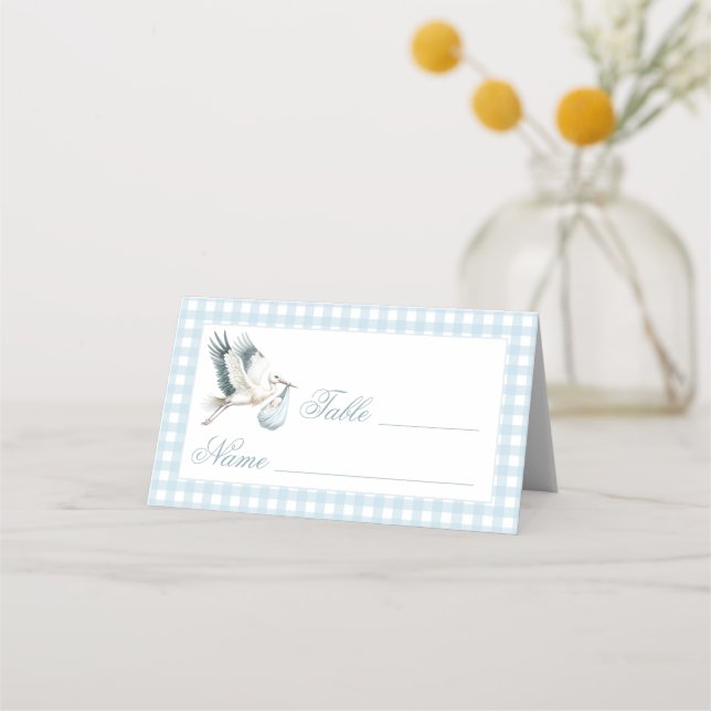 Niedlich Blue Stork Baby Dusche Tischnummern Zelt Platzkarte (Vorderseite)