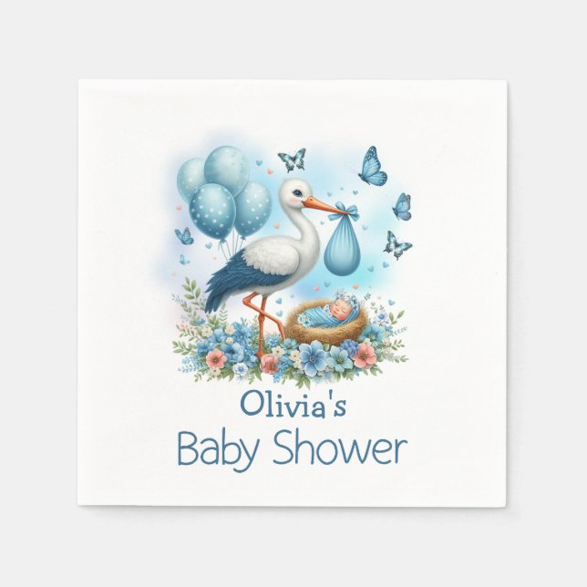Niedlich Blue Stork Boy Babydusche Napkins Serviette (Vorderseite)