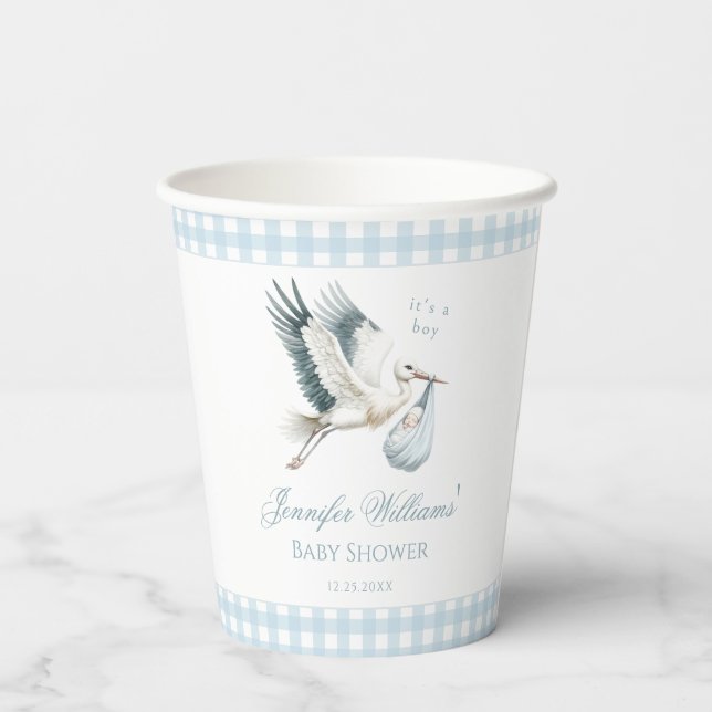 Niedlich Blue Stork Delivery Baby Boy Dusche Pappbecher (Rückseite)