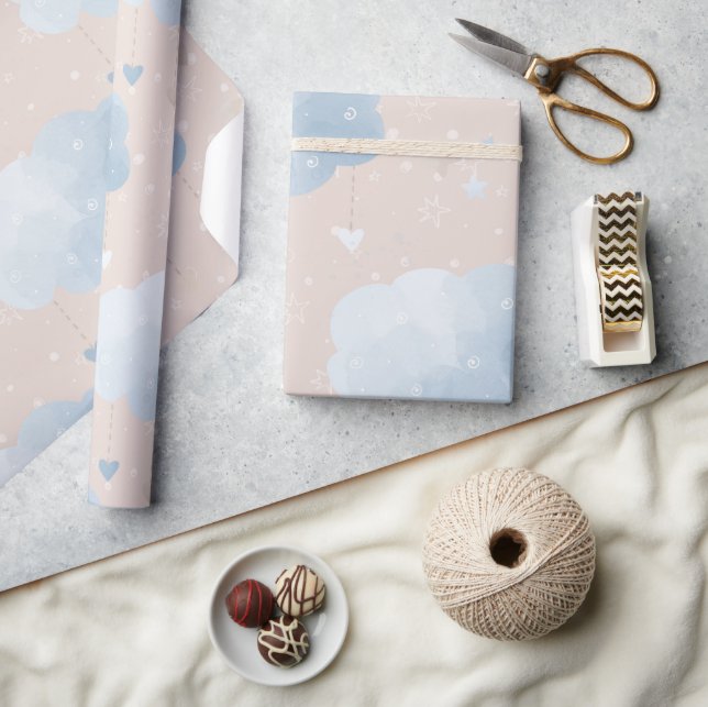 Niedlich Blue Taupe Wolken Balloons Stars Boy Gift Geschenkpapier (Kunsthandwerk)