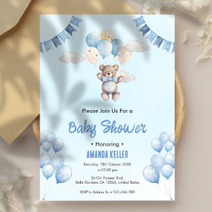 Niedlich Blue Teddy Bärenballons & Clouds Babydusc Einladung