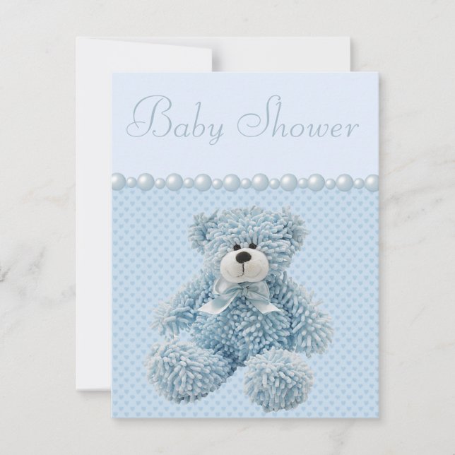 Niedlich Blue Teddy Bear Baby Boy Dusche Einladung (Vorderseite)