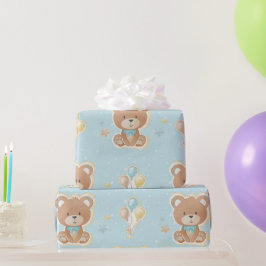Niedlich Blue Teddy Bear Balloons Baby Boy Dusche Geschenkpapier