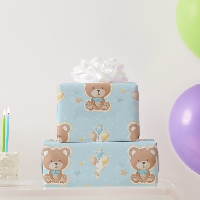 Niedlich Blue Teddy Bear Balloons Baby Boy Dusche Geschenkpapier (Partygeschenke)