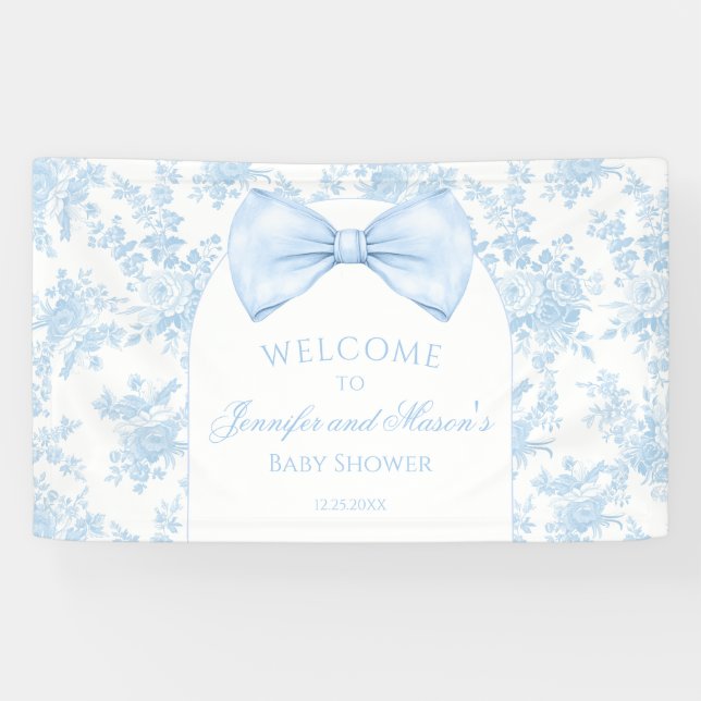 Niedlich Blue Toile Bow Krawatte Baby Dusche Begrü Banner (Horizontal)