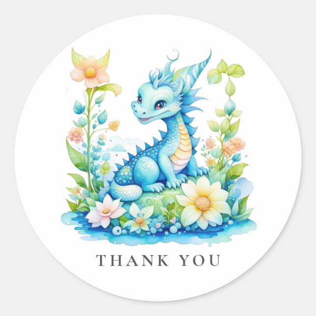 Niedlich Blue Turquoise Green Dragon Vielen Dank Runder Aufkleber (Vorderseite)