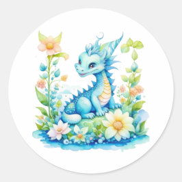 Niedlich Blue Turquoise Green Fantasy Dragon Runder Aufkleber