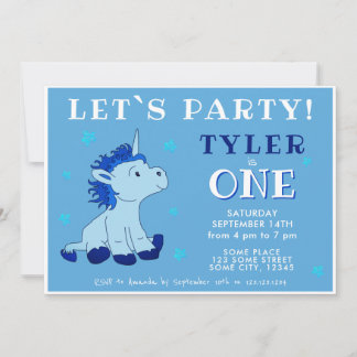 Niedlich Blue Unicorn 1. Geburtstag Party Einladung