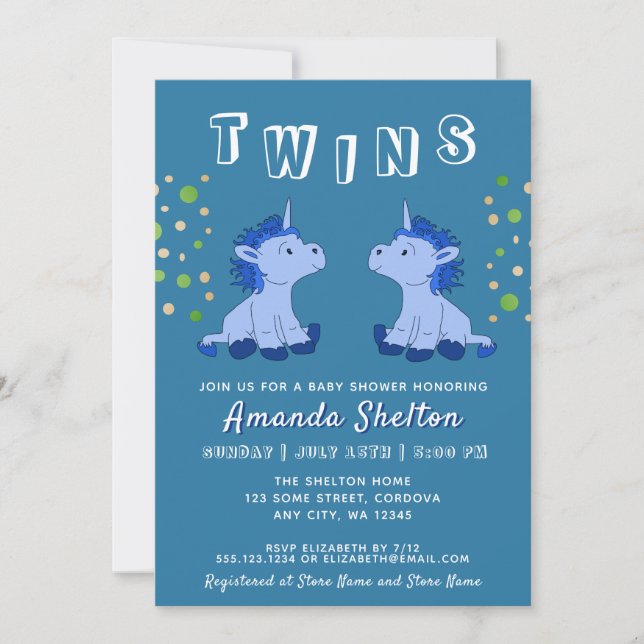 Niedlich Blue Unicorn Twins 2 Boys Baby Dusche Einladung (Vorderseite)