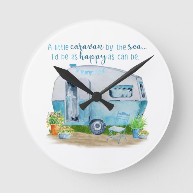 Niedlich Blue Vintag Retro Camper Caravan Runde Wanduhr (Vorderseite)