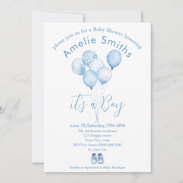 Niedlich Blue Watercolor Balloons Babydusche Einladung (Vorderseite)