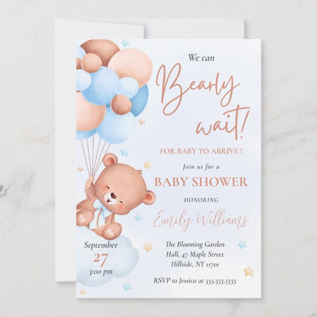 Niedlich Blue Watercolor Bear Balloons Babydusche Einladung (Vorderseite)
