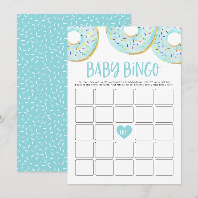 Niedlich Blue Watercolor Donuts Babydusche Bingo Begleitkarte (Vorne/Hinten)
