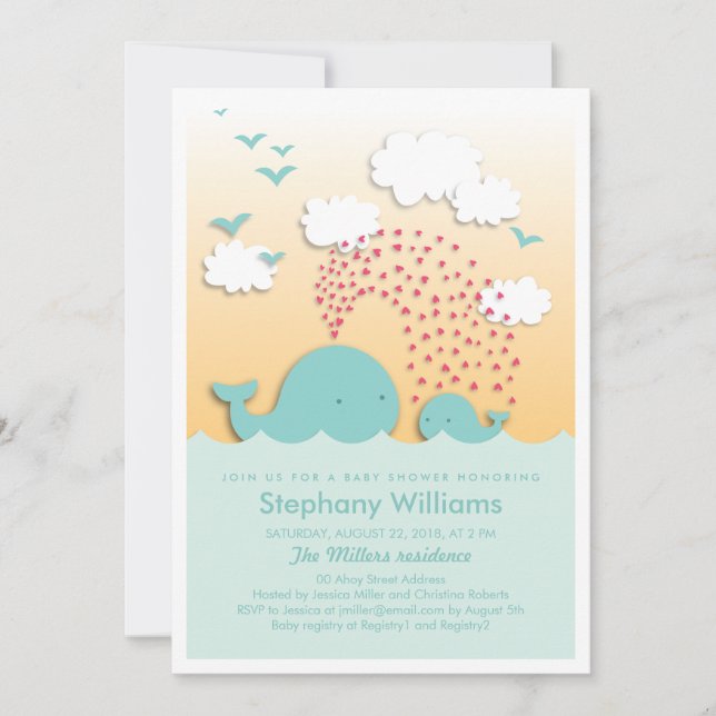 Niedlich Blue Whales Baby Dusche laden Junge ein Einladung (Vorderseite)