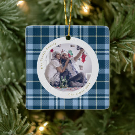 Niedlich Blue White Gingham Kariert Family Foto Keramikornament