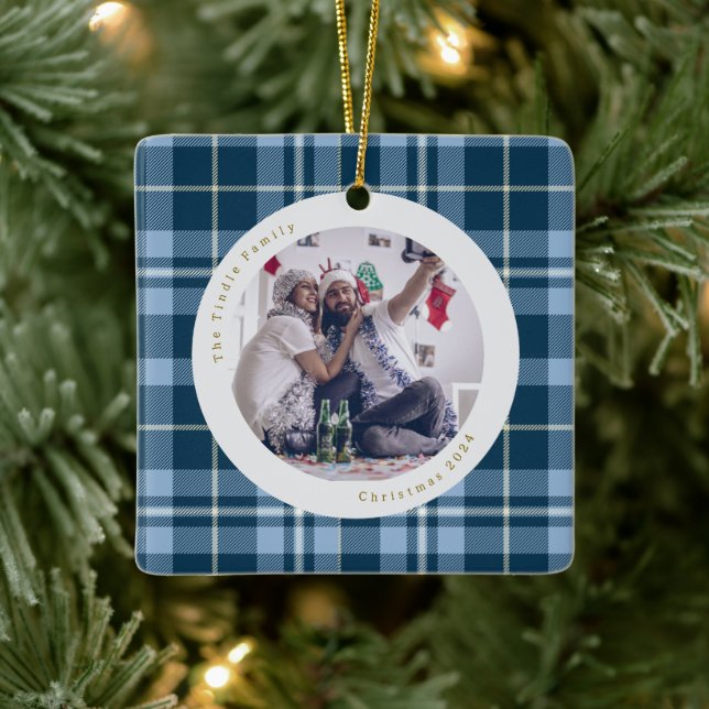 Niedlich Blue White Gingham Kariert Family Foto Keramikornament (Baum)