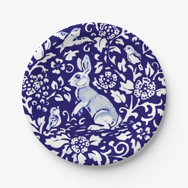 Niedlich Blue White Rabbit Stehend Bunny Dedham De Pappteller (Vorderseite)