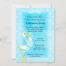 Niedlich Blue White Stork Baby Dusche Einladung