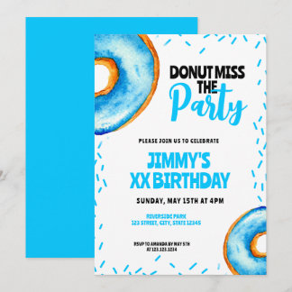 Niedlich Blue & White Watercolor Donut Boy Geburts Einladung
