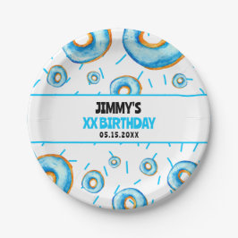 Niedlich Blue & White Watercolor Donut Boy Geburts Pappteller