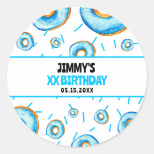 Niedlich Blue & White Watercolor Donut Boy Geburts Runder Aufkleber