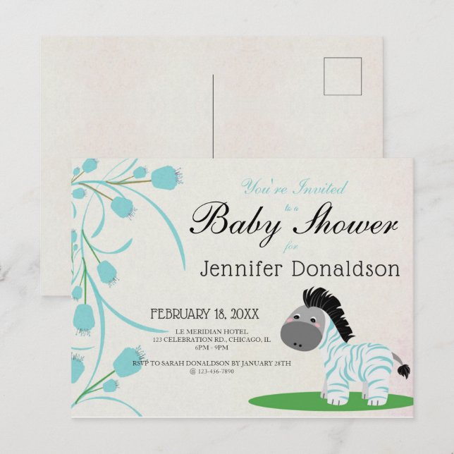 Niedlich Blue Zebra Blue Floral Baby Dusche Einladungspostkarte (Vorne/Hinten)