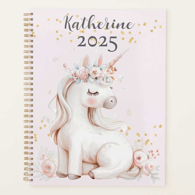 Niedlich Blush and Mint Unicorn Gold Glitzer Name  Planer (Vorderseite)